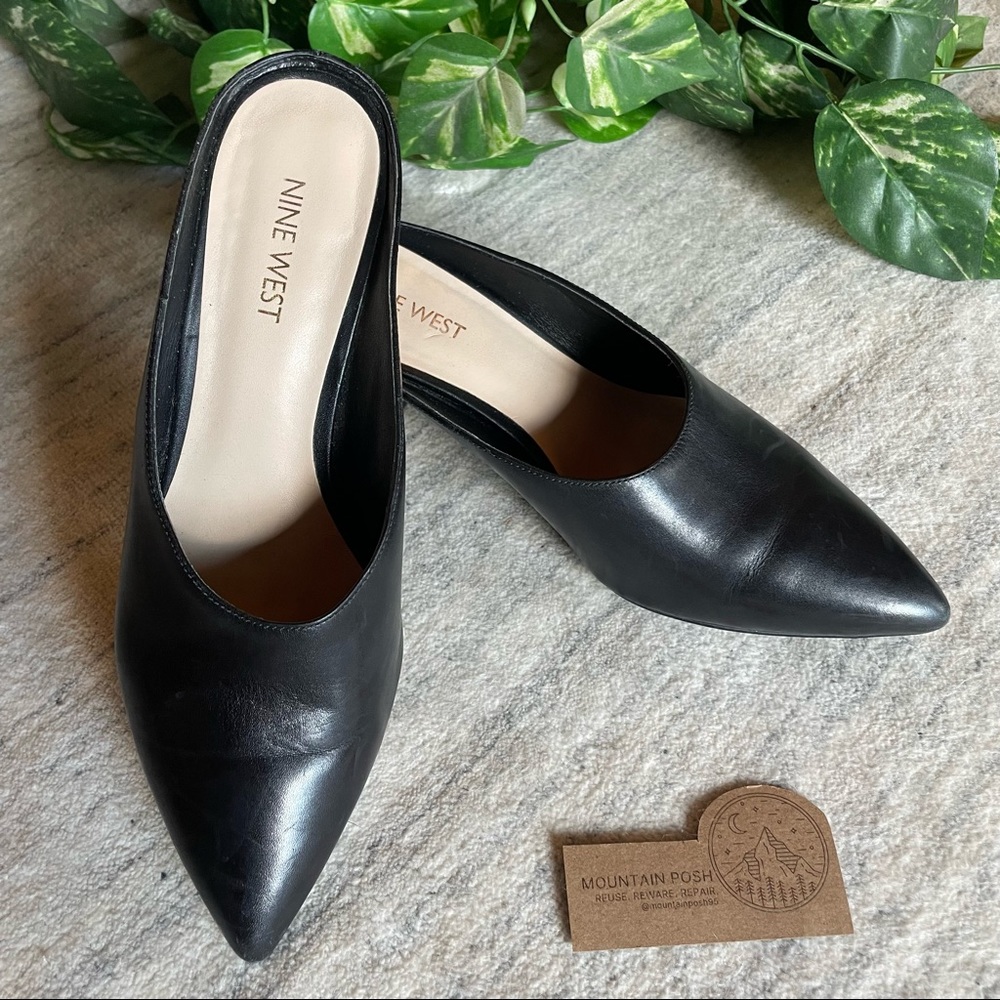 Nine West | Women’s Black Leather Pointed Toe Chunky Heel Mule 7.5